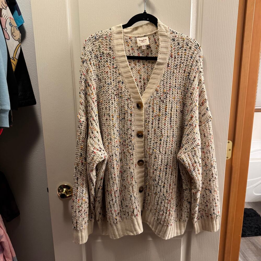 Hayden Cream Speckled Button-Up V-Neck Knit Cardigan